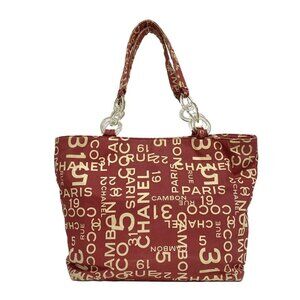Auth CHANEL By Sea Line Red Cream Canvas Tote Bag